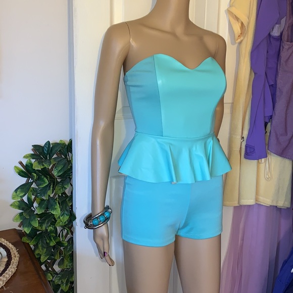 Turquoise strapless bustier leather peplum shorts romper playsuit jumpsuit S - Picture 11 of 15